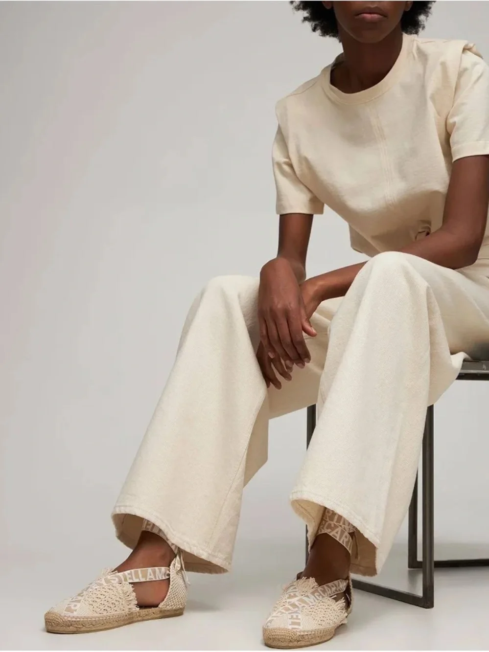 Stella McCartney Ivory Woven Espadrille Logo Ribbon Flats